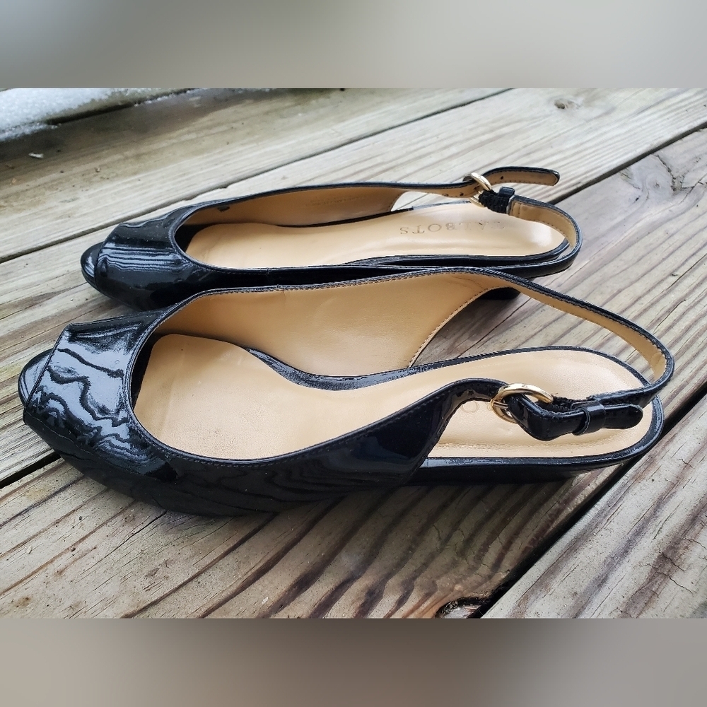 Talbots Black Patent Leather Peep Toe Slingback Shoes - Picture 2 of 6